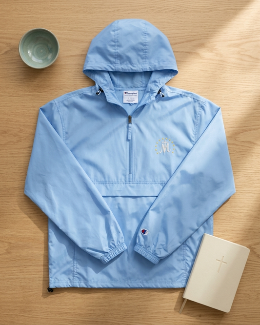 Marian Cross Embroidered Jacket in Light Blue, flat lay (studio photo)