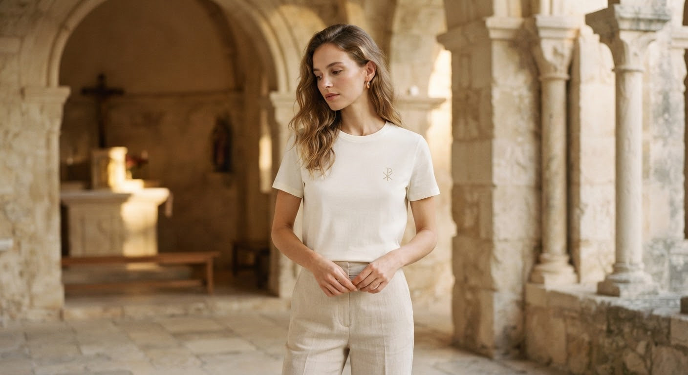 Woman in linen tee standing in a sunlit stone cloister
