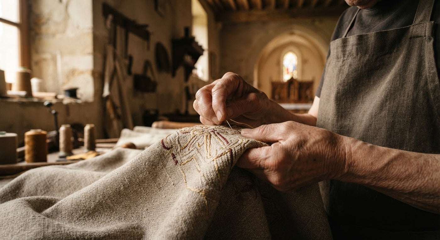 Artisan hand-finishing embroidery on natural fabric