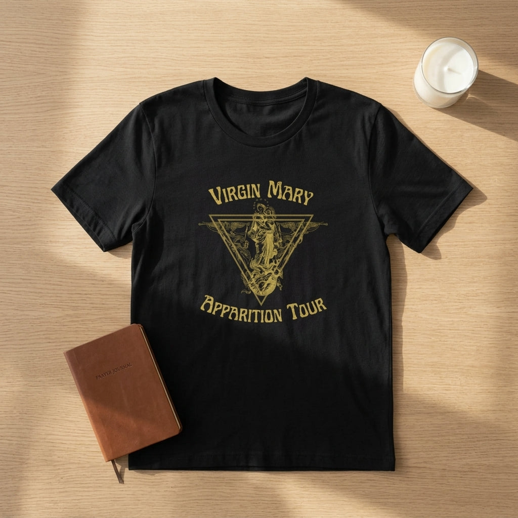 Virgin Mary Apparition World Tour T-Shirt in Black, flat lay (studio photo)
