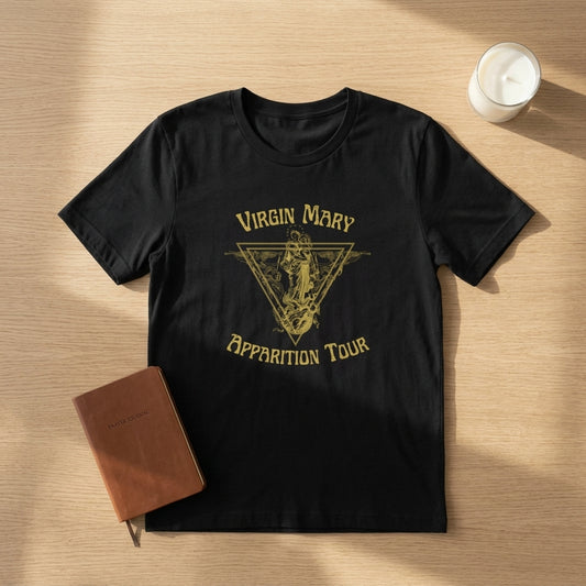 Virgin Mary Apparition World Tour T-Shirt in Black, flat lay (studio photo)