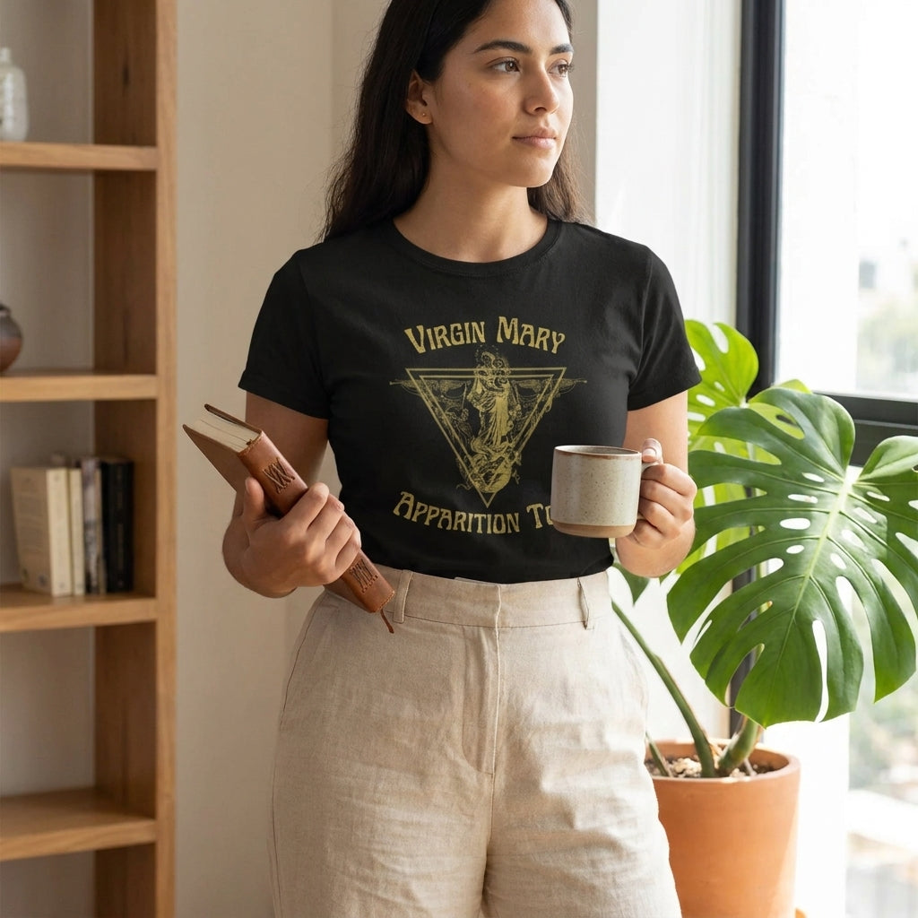 Woman wearing the Virgin Mary Apparition World Tour T-Shirt in Black (studio photo)