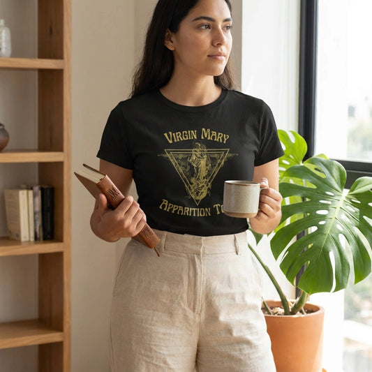 Woman wearing the Virgin Mary Apparition World Tour T-Shirt in Black (studio photo)